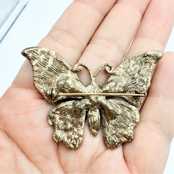 Statement Butterfly Brooch with Black Enamel and Sparkling Rhinestones - Picture 4 of 8